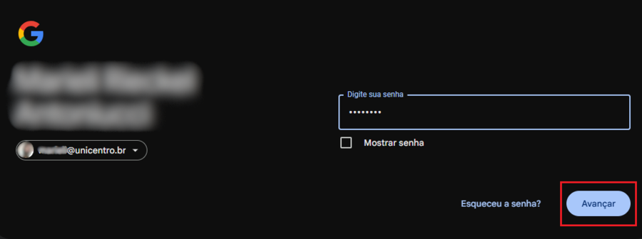 Tela de senha do Gmail